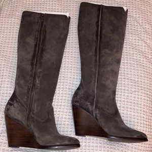Frye Cece Seam Tall Wedge Boots 8 Leather Charcoal Oil Chestnut